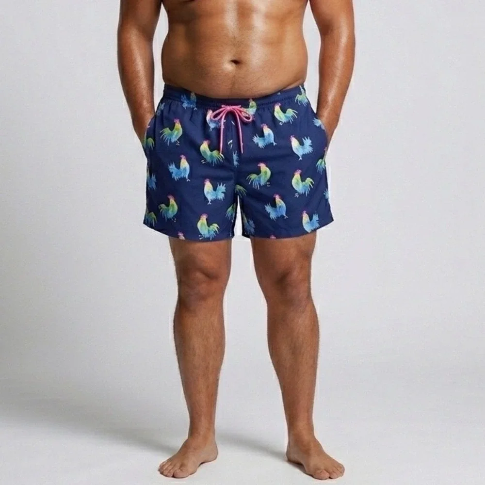 Chubbies Mens 3XL Rooster Print Swim Trunks Blue Pink Drawstring‎ Board Shorts